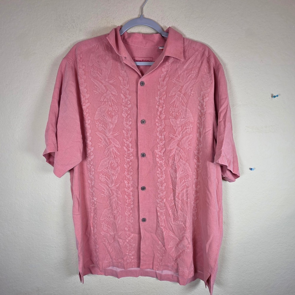 Tommy Bahama Mens Medium Coral Pink 100% Silk Floral Jacquard Short Sleeve Shirt